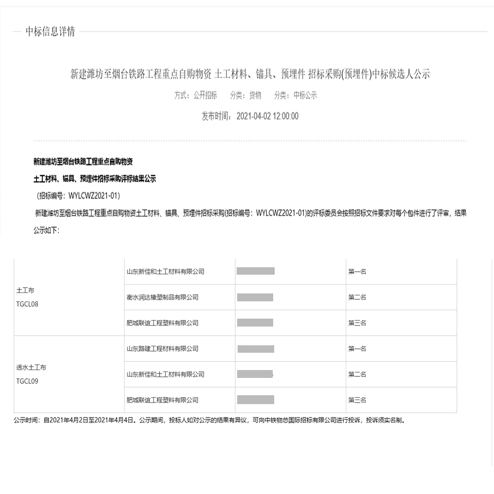 透水土工布中標公示